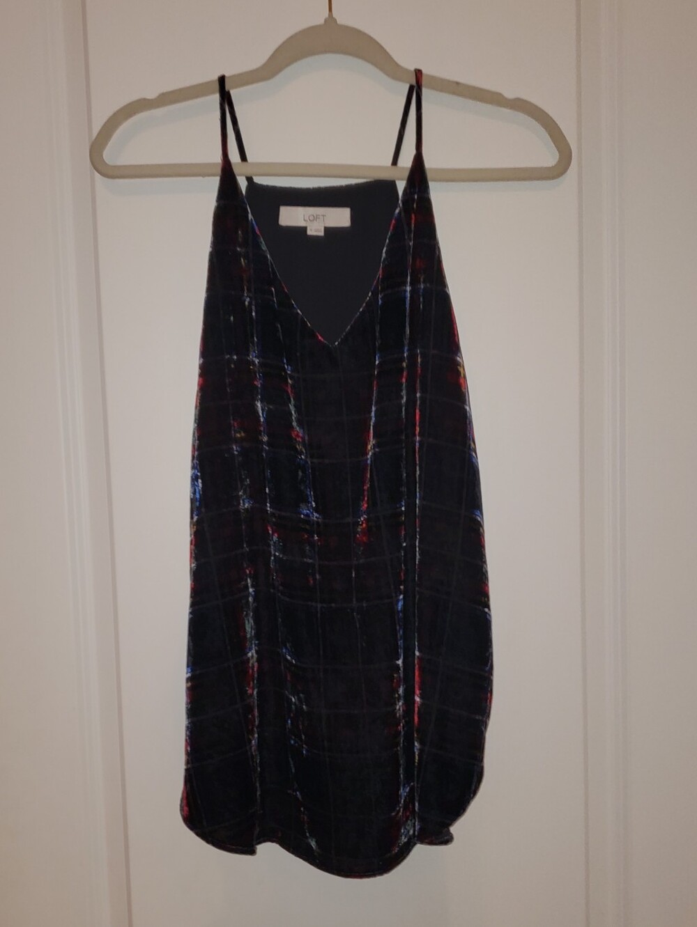 LOFT Black Velvet Plaid Slip Tank with Multicolor Accents